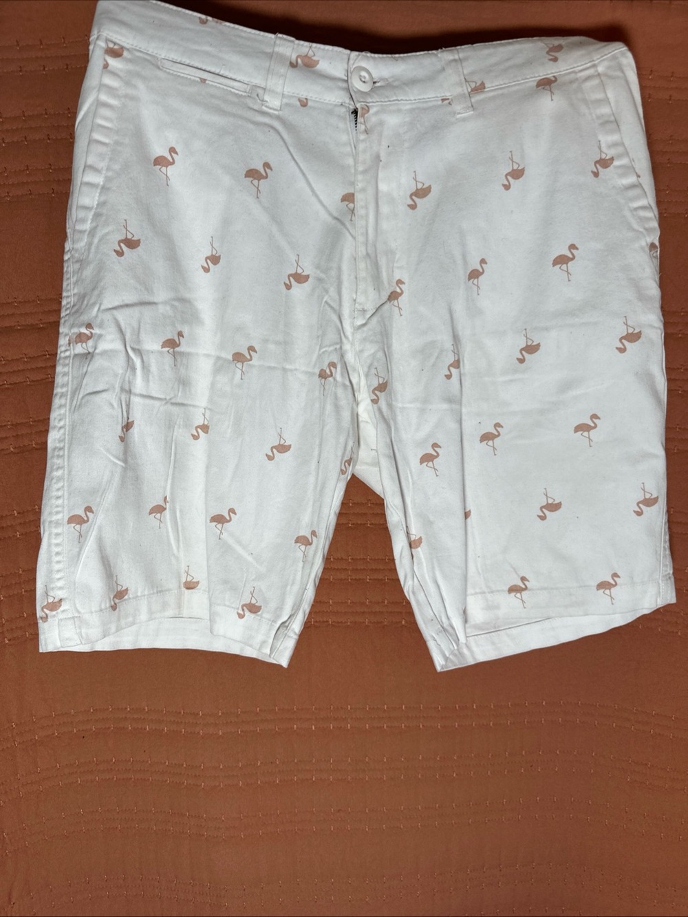Men's White Shorts with Pink Flamingo Print